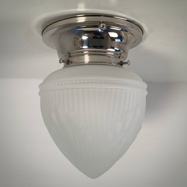 Art Deco Frosted Glass Ceiling Light with Nickel Base. Vintage-style acorn-shaped glass shade with feather-like patterns. Available at www.vintporium.com
