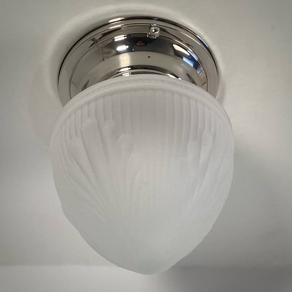Art Deco Frosted Glass Ceiling Light with Nickel Base. Vintage-style acorn-shaped glass shade with feather-like patterns. Available at www.vintporium.com
