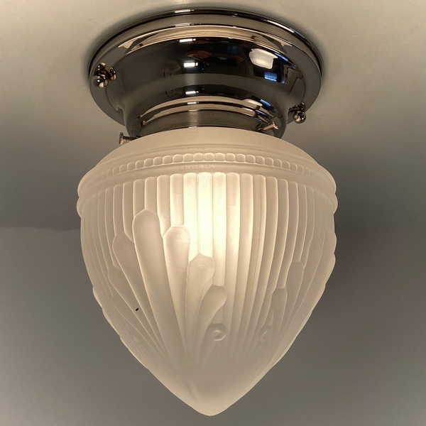 Art Deco Frosted Glass Ceiling Light with Nickel Base. Vintage-style acorn-shaped glass shade with feather-like patterns. Available at www.vintporium.com
