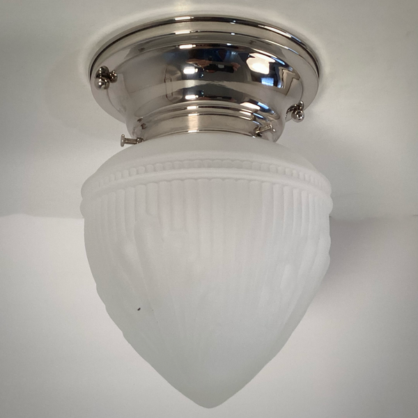 Art Deco Frosted Glass Ceiling Light with Nickel Base. Vintage-style acorn-shaped glass shade with feather-like patterns. Available at www.vintporium.com
