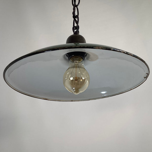 Pendant Light Vintage Enameled Shade New Custom Made Oil Rubbed Bronze Fixture. The light fixture has been cleaned and detailed. It includes mounting hardware for convenient installation. Available at www.vintporium.com.