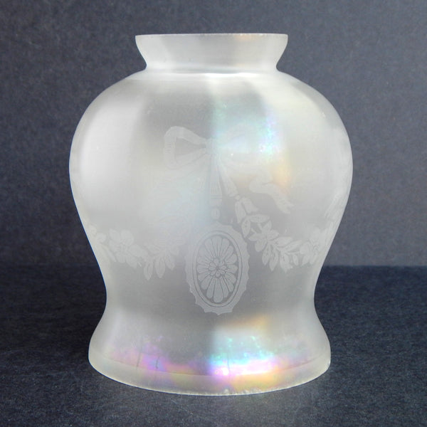 2 1/4 (2.25) Inch Vintage Etched Bell Shaped Glass Light Fixture Shade. Colonial Revival style frosted light shade with daisy medallion and ribbon design.