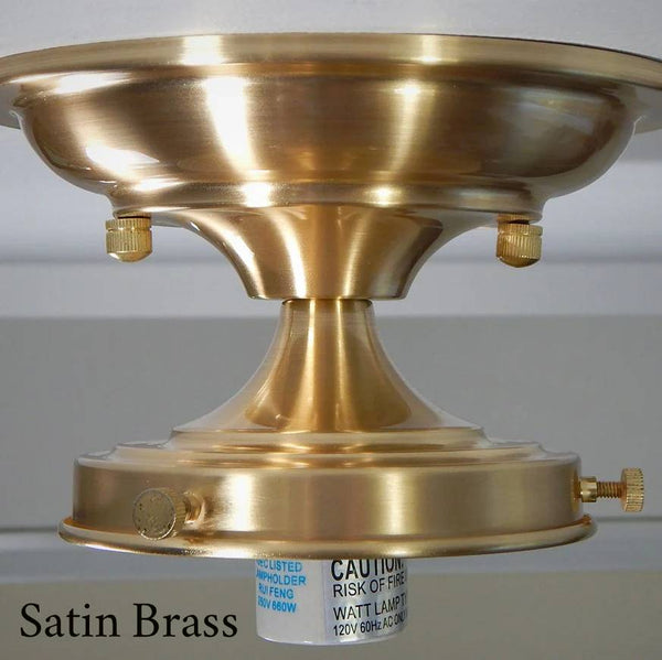 Satin brass semi-flush mount light fixture canopy with 4-inch fitter and socket base, featuring a warm brushed gold finish and classic mid-century elegance — Vintporium.