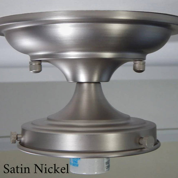 Satin nickel semi-flush mount light fixture canopy with 4-inch fitter and socket base, featuring a smooth brushed silver finish and refined vintage appeal — Vintporium.