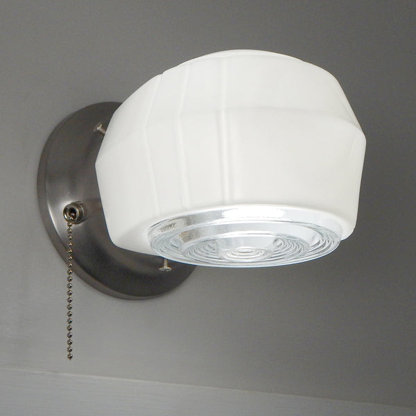 Post-War Era Pull Chain Sconce Vintage Glass Shade New Fixture Base. The fixture features a vintage enameled glass shade and a new pull chain fixture. The light comes with installation hardware, making it convenient to install. Available at www.vintporium.com