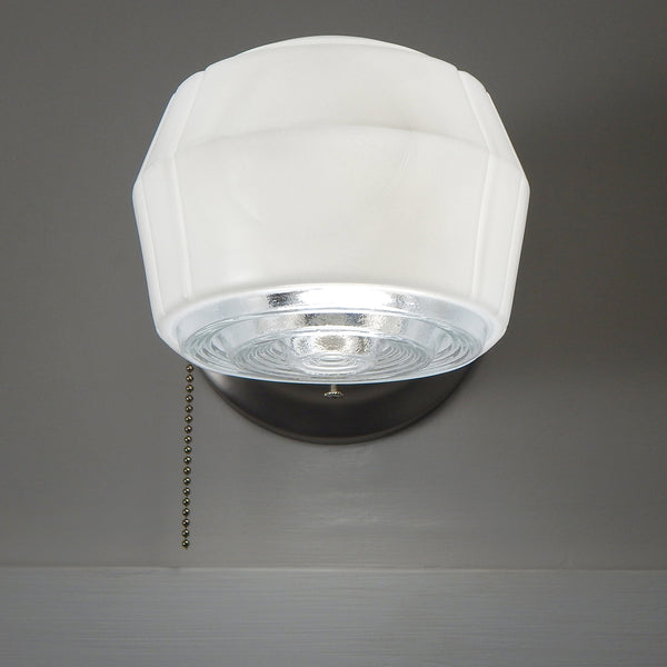 Post-War Era Pull Chain Sconce Vintage Glass Shade New Fixture Base. The fixture features a vintage enameled glass shade and a new pull chain fixture. The light comes with installation hardware, making it convenient to install. Available at www.vintporium.com