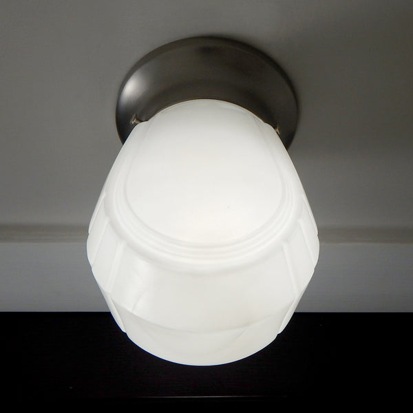 Post-War Era Pull Chain Sconce Vintage Glass Shade New Fixture Base. The fixture features a vintage enameled glass shade and a new pull chain fixture. The light comes with installation hardware, making it convenient to install. Available at www.vintporium.com