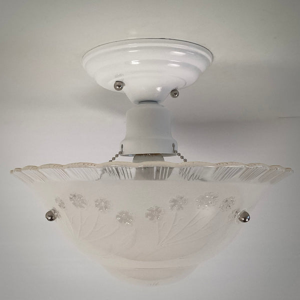 Semi-Flush Beaded Chain Ceiling Light Vintage Glass New Fixture. The light features a custom-made powder-coated fixture. The fixture has been cleaned and detailed. It includes mounting hardware for convenient installation. Available at www.vintporium.com