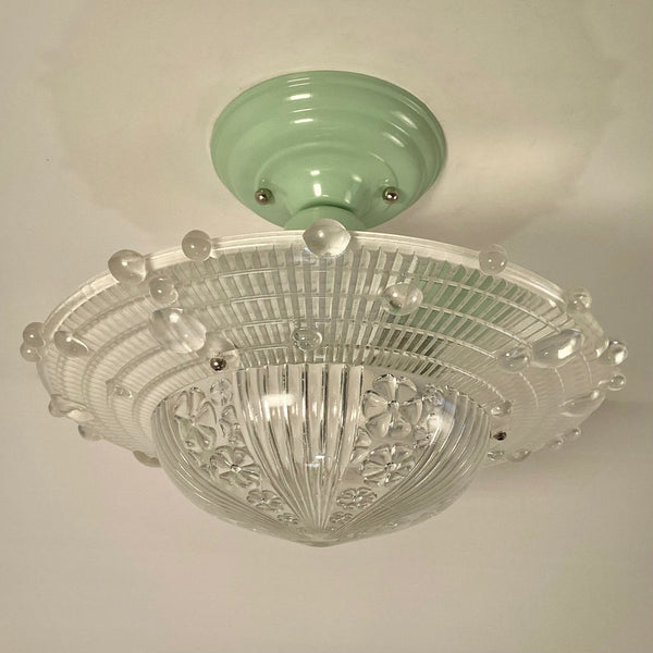Semi-Flush Beaded Chain Ceiling Light Antique Shade New Fixture. The fixture features a custom-made powder-coated base. The light fixture has been cleaned and detailed. It includes mounting hardware for convenient installation. Available at www.vintporium.com