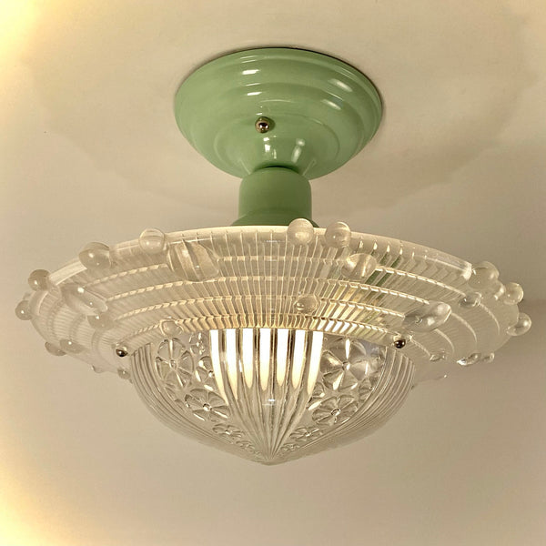 Semi-Flush Beaded Chain Ceiling Light Antique Shade New Fixture. The fixture features a custom-made powder-coated base. The light fixture has been cleaned and detailed. It includes mounting hardware for convenient installation. Available at www.vintporium.com