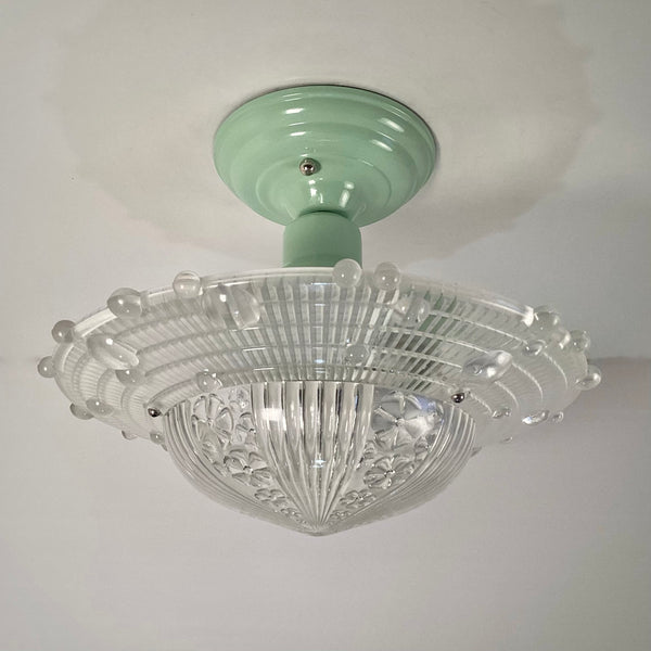 Semi-Flush Beaded Chain Ceiling Light Antique Shade New Fixture. The fixture features a custom-made powder-coated base. The light fixture has been cleaned and detailed. It includes mounting hardware for convenient installation. Available at www.vintporium.com