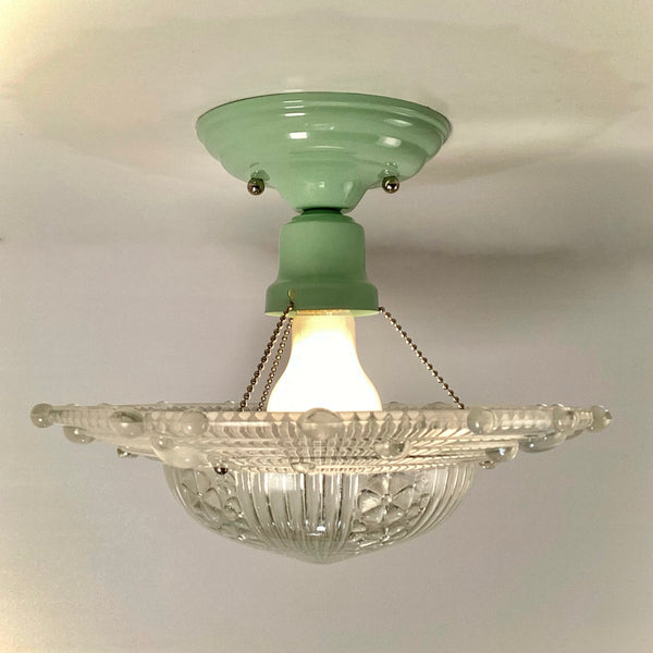 Semi-Flush Beaded Chain Ceiling Light Antique Shade New Fixture. The fixture features a custom-made powder-coated base. The light fixture has been cleaned and detailed. It includes mounting hardware for convenient installation. Available at www.vintporium.com