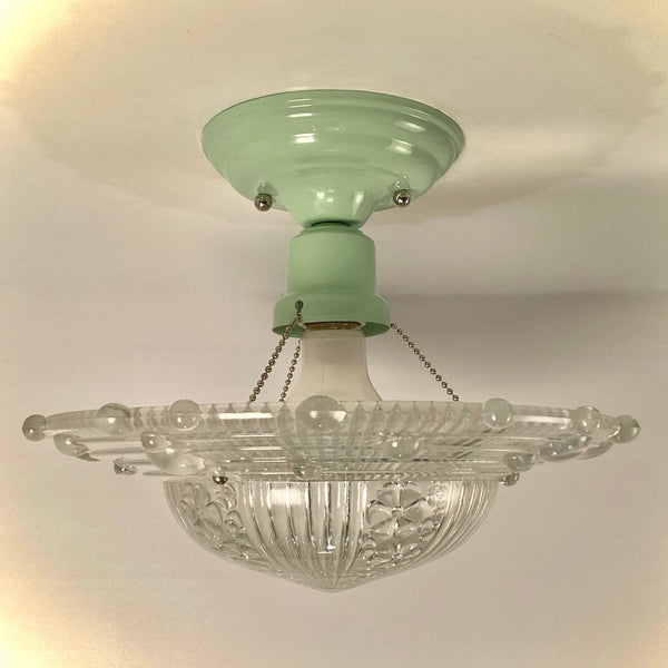 Semi-Flush Beaded Chain Ceiling Light Antique Shade New Fixture. The fixture features a custom-made powder-coated base. The light fixture has been cleaned and detailed. It includes mounting hardware for convenient installation. Available at www.vintporium.com