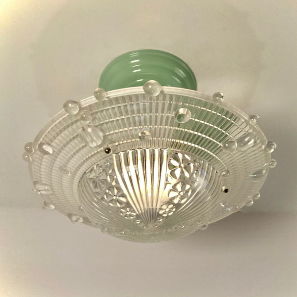Semi-Flush Beaded Chain Ceiling Light Antique Shade New Fixture. The fixture features a custom-made powder-coated base. The light fixture has been cleaned and detailed. It includes mounting hardware for convenient installation. Available at www.vintporium.com