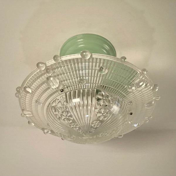 Semi-Flush Beaded Chain Ceiling Light Antique Shade New Fixture. The fixture features a custom-made powder-coated base. The light fixture has been cleaned and detailed. It includes mounting hardware for convenient installation. Available at www.vintporium.com