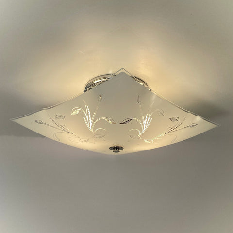Post-War Era Ceiling Light. Vintage Shade. Custom Fixture. The fixture features a custom-built assembly in a nickel finish. The light has been cleaned and detailed, and the installation includes hardware for convenience. Available at www.vintporium.com