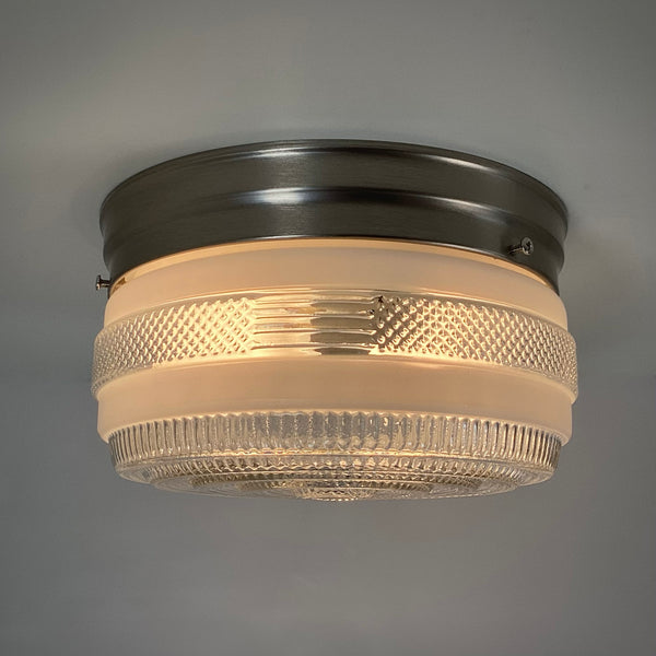 Flush Mount Ceiling Light. Vintage Glass Shade New Pan Fixture. The flush mount ceiling light features a vintage enameled glass shade and a new fixture base shade holder. The fixture has been cleaned and detailed and comes with hardware, making it ready to install for your convenience. Available at www.vintporium.com