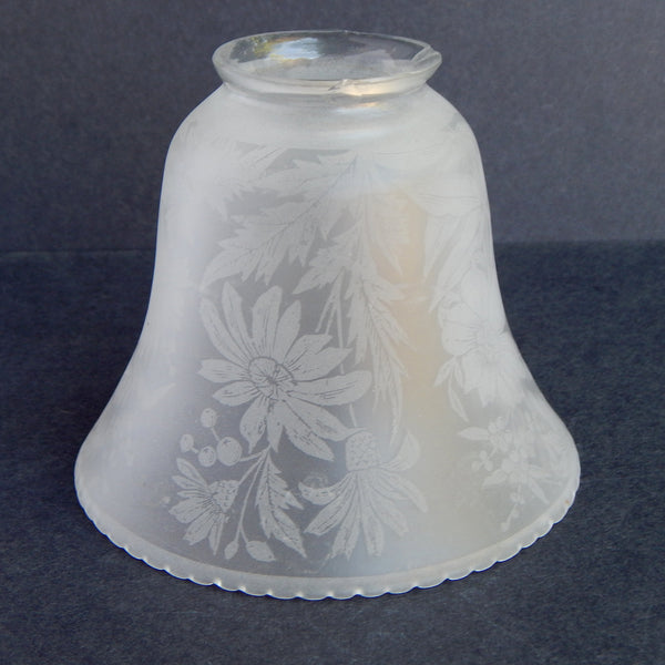 Vintage etched glass shade with frosted finish, showing floral details.