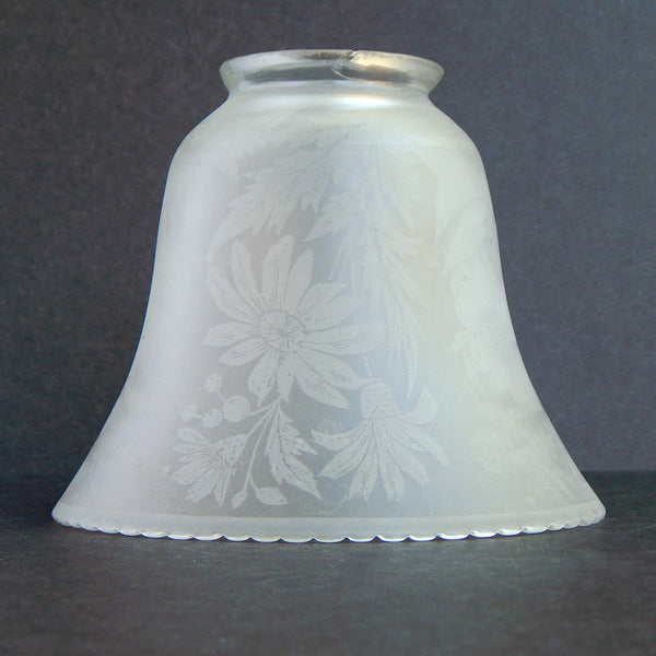 Antique frosted floral etched shade with scalloped edge, side profile.