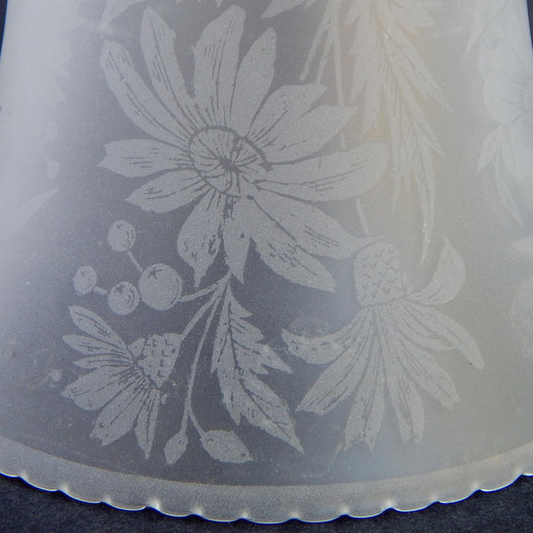Antique frosted floral etched shade with scalloped edge, side profile.