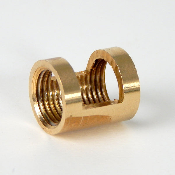 Solid brass coupling is used to connect two 1/8 ip threaded rods while allowing wires to exit or enter at the knuckle. Available at www.vintporium.com