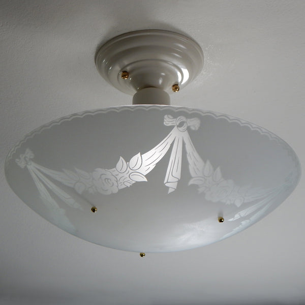 Vintage Semi-flush mount drop down beaded ceiling light fixture. Featuring vintage glass shade and custom fixture. Available at www.vintporium.com