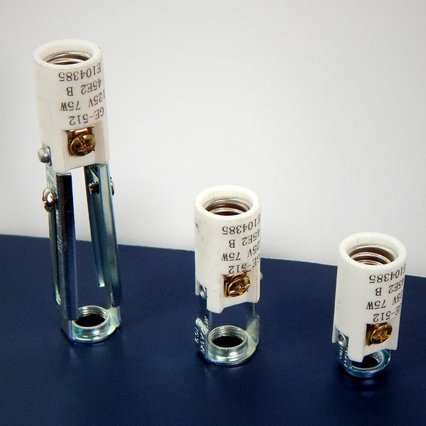 Durable high heat porcelain candelabra sockets showing terminal details and steel mounting brackets, Vintporium.