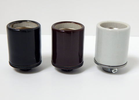 Glazed Porcelain Medium Based Socket with 1/8 ip thread in your choice of Black, Bronze or White. The sockets come complete with set screw and metal cap. Available at www.vintporium.com