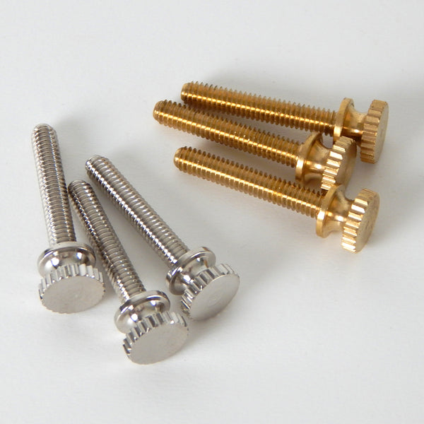 This lot of 3 handsome thumbscrews are ideal for securing shades to the fixture as well as securing the fixture to its mounting brackets. You have the choice of unfinished brass finish or polished nickel finish. Available at www.vintporium.com