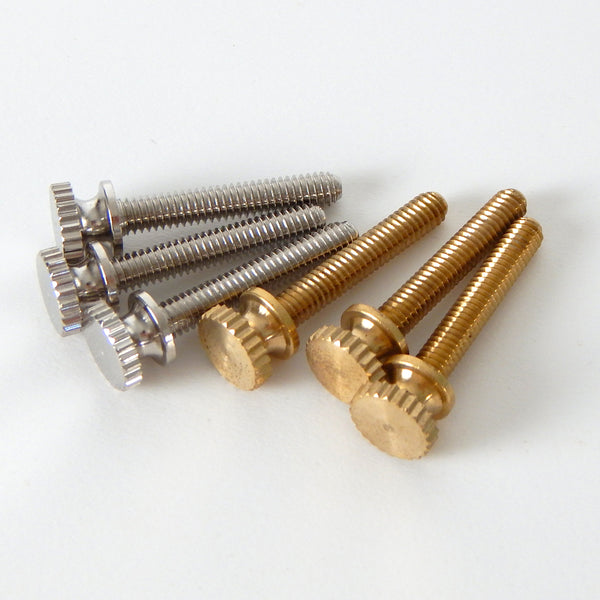 This lot of 3 handsome thumbscrews are ideal for securing shades to the fixture as well as securing the fixture to its mounting brackets. You have the choice of unfinished brass finish or polished nickel finish. Available at www.vintporium.com