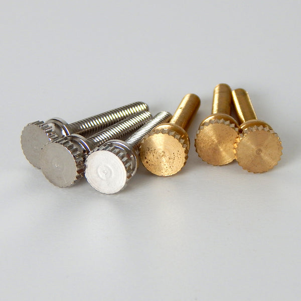 This lot of 3 handsome thumbscrews are ideal for securing shades to the fixture as well as securing the fixture to its mounting brackets. You have the choice of unfinished brass finish or polished nickel finish. Available at www.vintporium.com