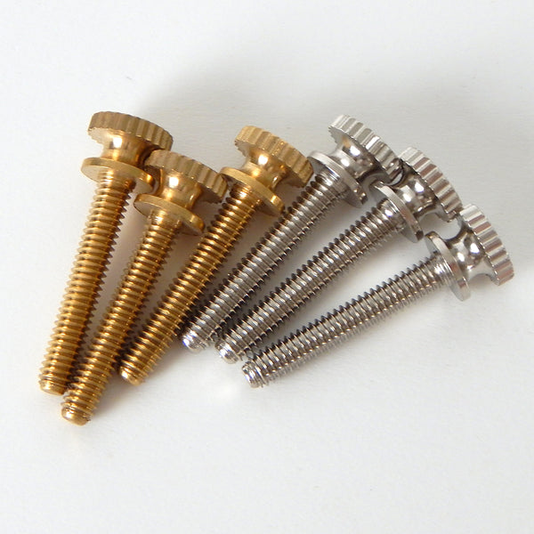 This lot of 3 handsome thumbscrews are ideal for securing shades to the fixture as well as securing the fixture to its mounting brackets. You have the choice of unfinished brass finish or polished nickel finish. Available at www.vintporium.com