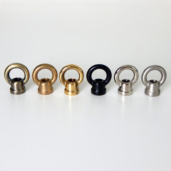 Solid brass female 1-inch lighting loop comes in polished and lacquered brass, unlacquered brass, antique brass, brushed nickel, polished nickel, and black. Sold individually. The loop is threaded for the standard 1/8 IP threaded pipe. Available at www.vintporium.com