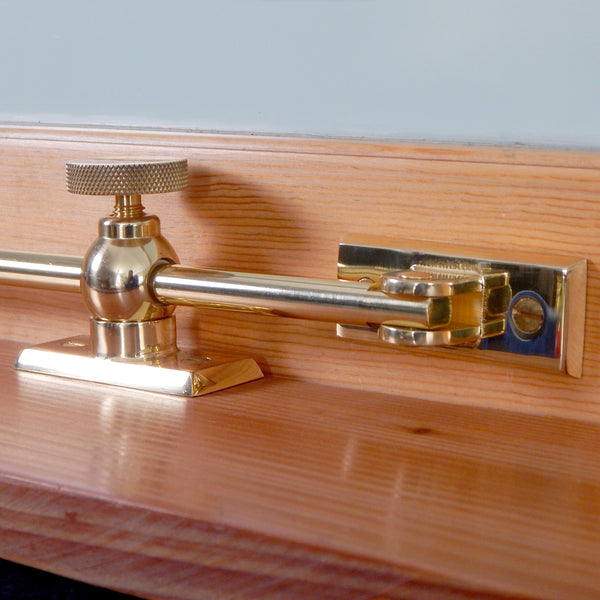 Casement adjuster allows the casement windows to be secured to the desired opening by attaching the adjuster to the window frame and the sill. The casement window adjuster is reversible for both right and left-hand window openings and comes complete with matching slotted screws. The adjuster comes in polished and lacquered brass, polished and lacquer-free brass, polished nickel, brushed nickel and oil rubbed bronze and are available in both 12 inch and 10 inches sizes. Available at www.vintporium.com