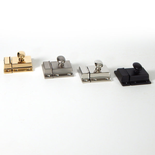 This is the most authentic cabinet latch available. The latches are solid brass and are available in polished and lacquer-free brass, brushed nickel, polished nickel, and oil-rubbed bronze. Each latch comes with all the necessary hardware and is easy to install. They are perfect for kitchen or bathroom cabinets. Available at www.vintporium.com