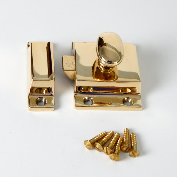 This is the most authentic cabinet latch available. The latches are solid brass and are available in polished and lacquer-free brass, brushed nickel, polished nickel, and oil-rubbed bronze. Each latch comes with all the necessary hardware and is easy to install. They are perfect for kitchen or bathroom cabinets. Available at www.vintporium.com