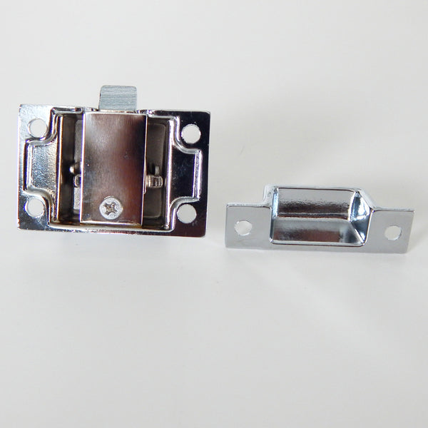 Vintporium's quality brass cupboard latches are available in Lacquer Free Polished Brass, Antique Brass, Polished Nickel, Brushed Nickel, Polished Chrome, Brushed Chrome, and Oil-Rubbed Bronze. The latches feature rounded slotted screws. Available at www.vintporium.com