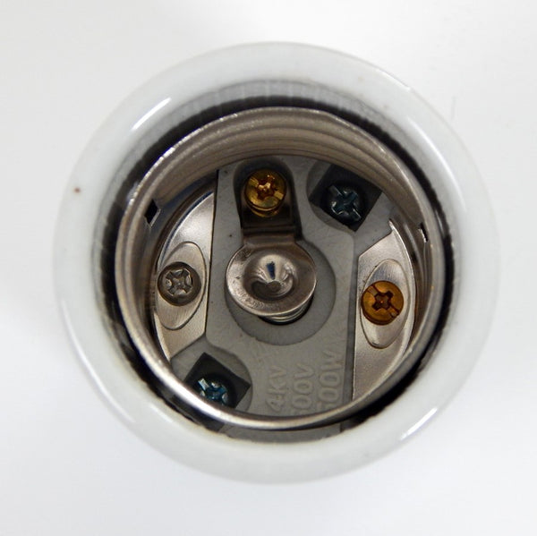 Mogul base glazed porcelain socket complete with 1/4 ip cap and two wire ways cast into the porcelain. Available at www.vintporium.com