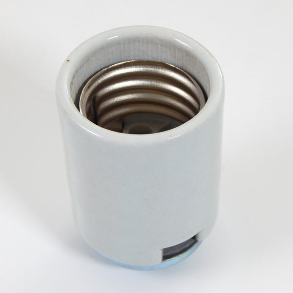 Mogul base glazed porcelain socket complete with 1/4 ip cap and two wire ways cast into the porcelain. Available at www.vintporium.com