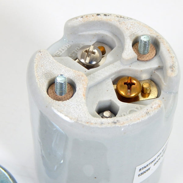 Mogul base glazed porcelain socket complete with 1/4 ip cap and two wire ways cast into the porcelain. Available at www.vintporium.com
