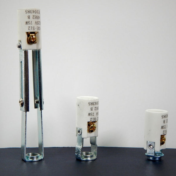 Finally an alternative to those plastic candelabra sockets. These high heat porcelain sockets are strong, durable and attractive. The sockets feature screw terminals, paper shell, and 1/8 ip threaded mount. They come in three sizes: 1 9/16 inch, 2 inches, and our adjustable 3 1/2 to 4 5/8 inch tall socket. Available at www.vintporium.com