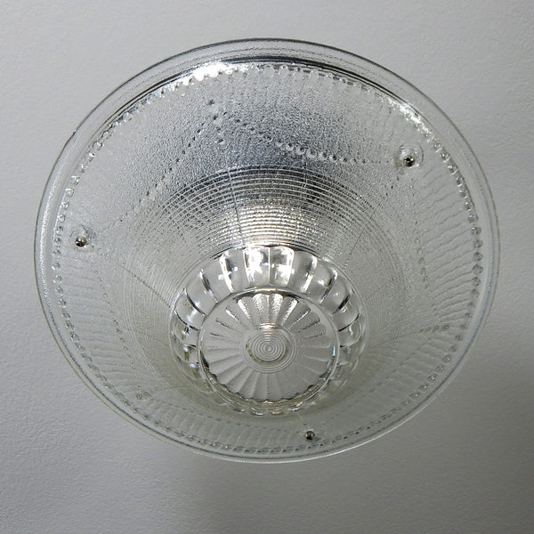 Semi-flush beaded chain ceiling light fixture featuring a vintage glass shade and a new custom fixture. The piece has been cleaned, detailed, and is ready to install for your convenience.  Available at www.vintporium.com